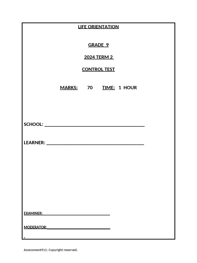 Grade 9 Life Orientation Term 2 Test | PDF