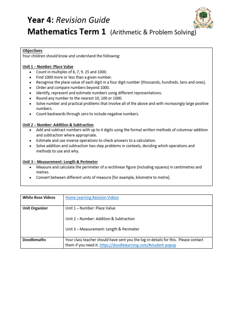 Year 4 Maths Revision Guide | PDF | Area | Length