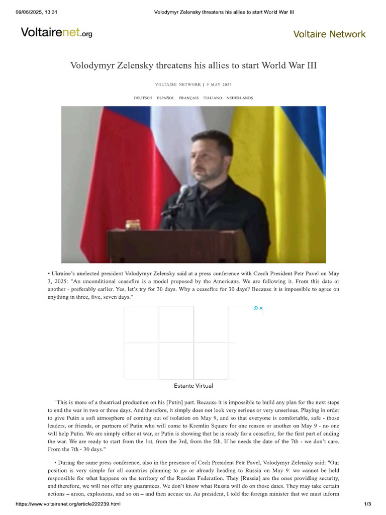 Volodymyr Zelensky Threatens His Allies To Start World War III PDF