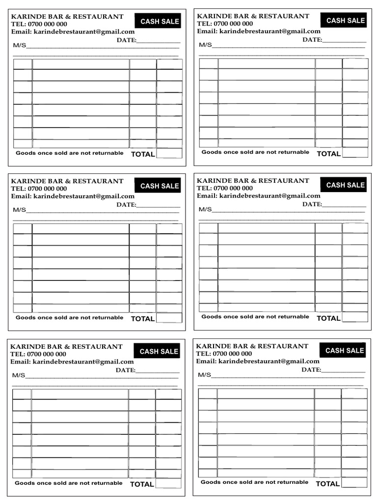 Cash Sale Receipt - Karinde Bar | PDF