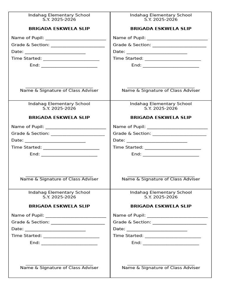 Indahag Elementary Brigada Eskwela Slip 2025 | PDF