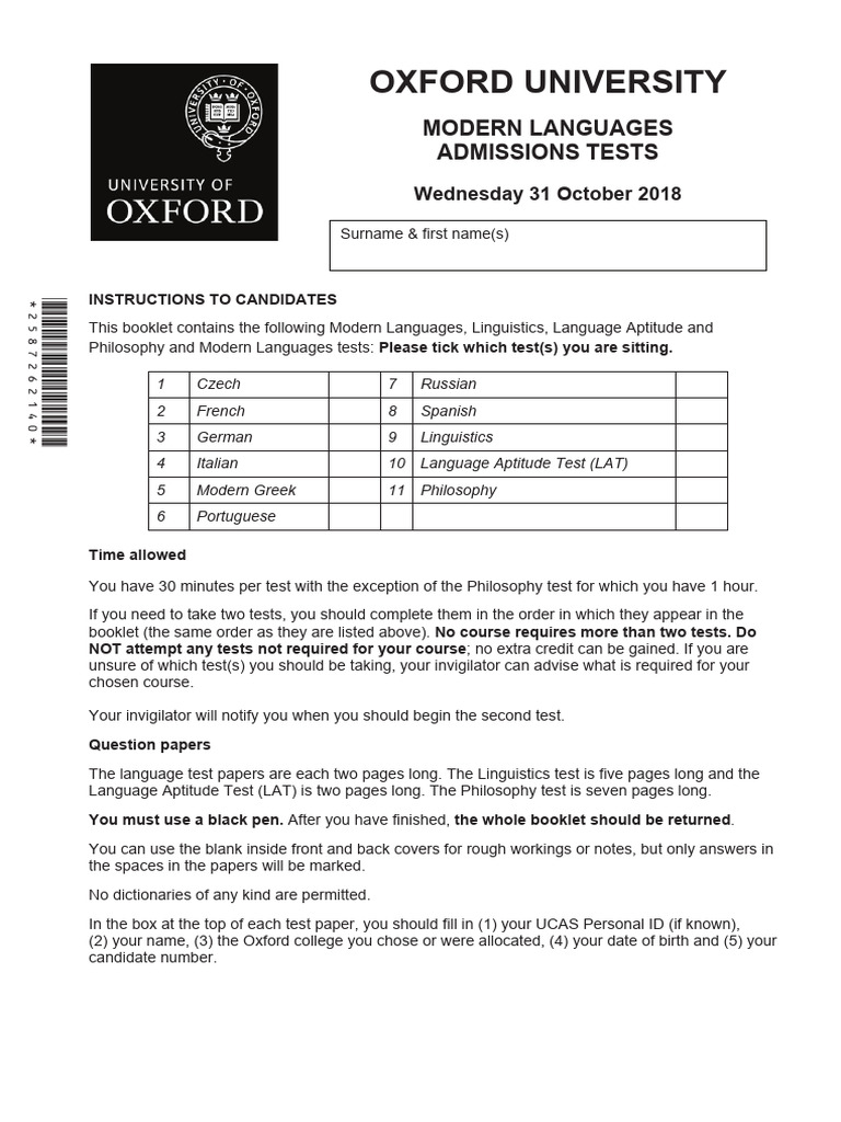 Oxford Modern Languages Admissions Tests | PDF | Grammatical Number ...