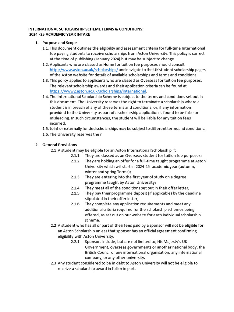 International Scholarship 2024-25 T&Cs_0 | PDF | Cost Of Living | Fee