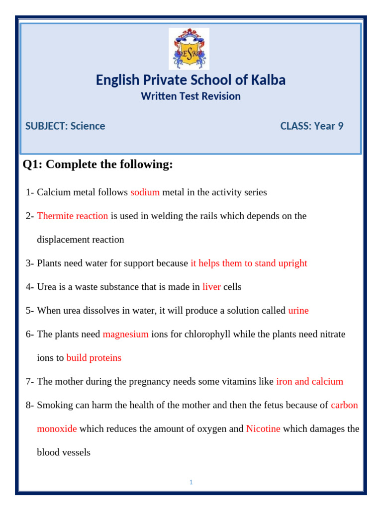 Year 9 Science Test Revision Guide | PDF | Acid | Magnesium