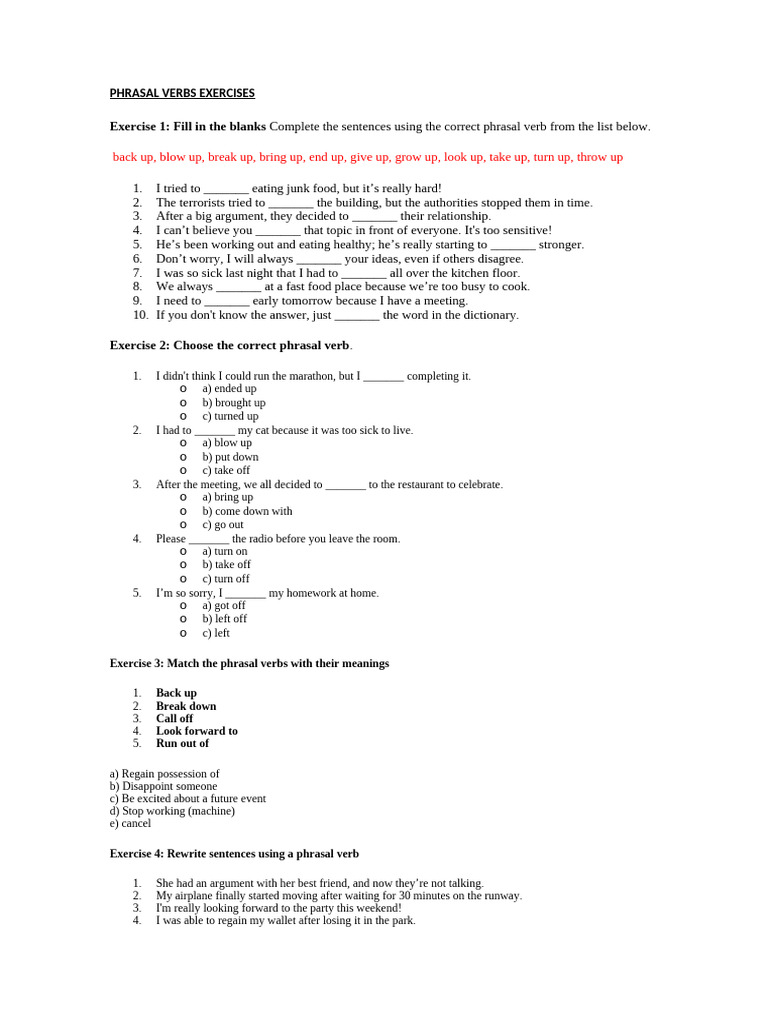 Phrasal Verbs Practice Exercises | PDF | Grammar | Syntax
