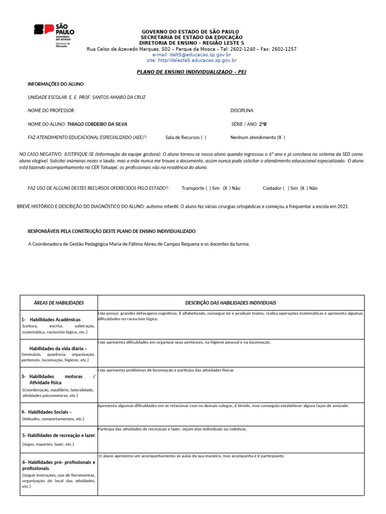 Plano de Ensino Individualizado - 2ªB | PDF | Pedagogia | Recreação