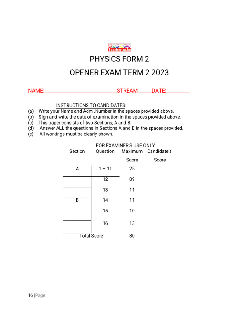 PHYSICS F2 QS Term 2 Opener 2023 Teacher Co Ke | PDF | Compass ...