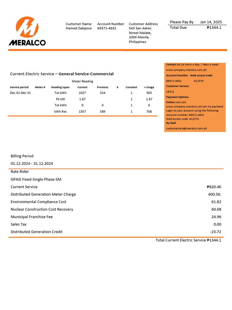 Meralco Electricity Bill Sample 2025 | PDF | Electric Power | Power ...