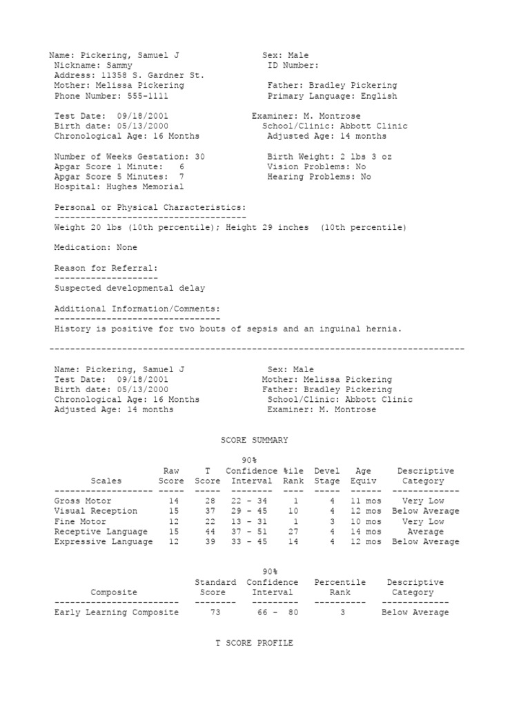 Mullen Scales Report for Samuel Pickering | PDF | Gesture | Percentile
