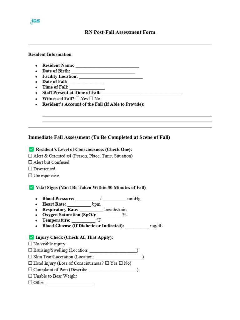 RN Post Fall Assessment Form - 2025 | PDF | Medical Specialties ...
