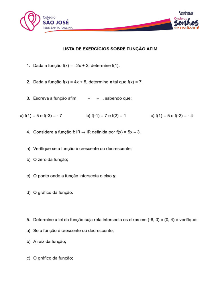 Exercícios Resolvidos de Função Afim | PDF | Função (Matemática)