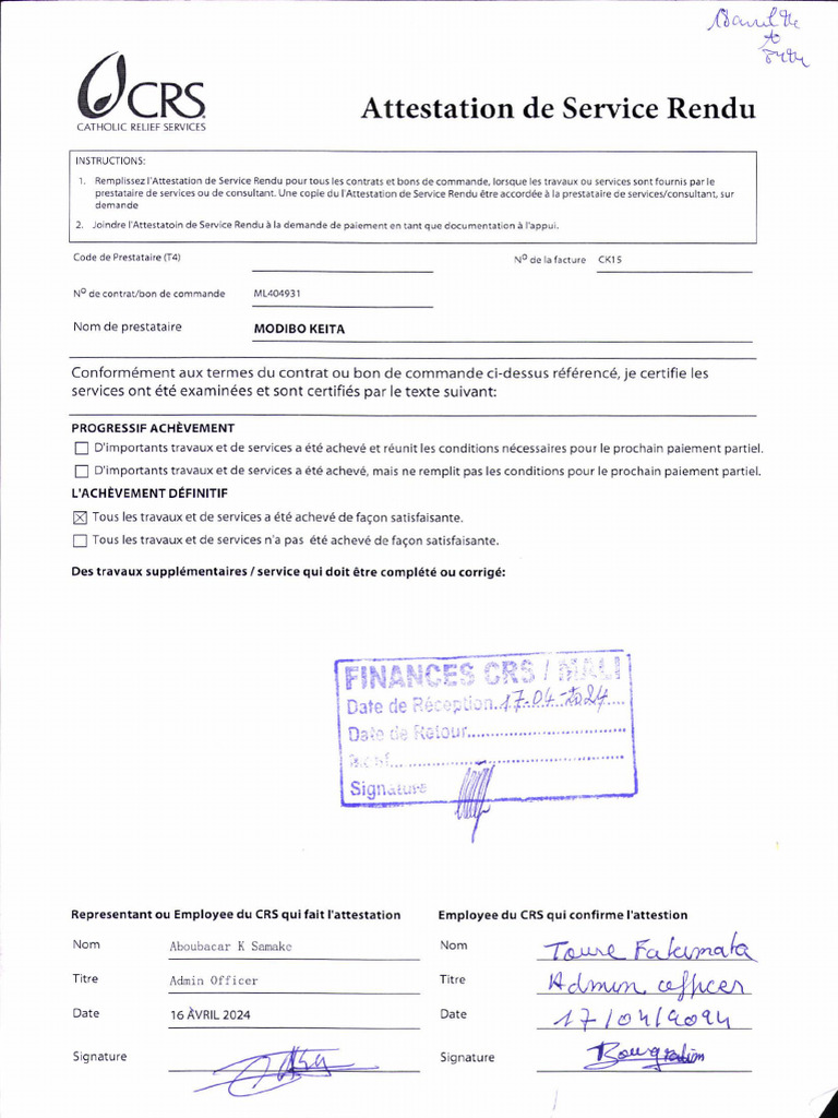 Attestation de Service Rendu - CRS | PDF