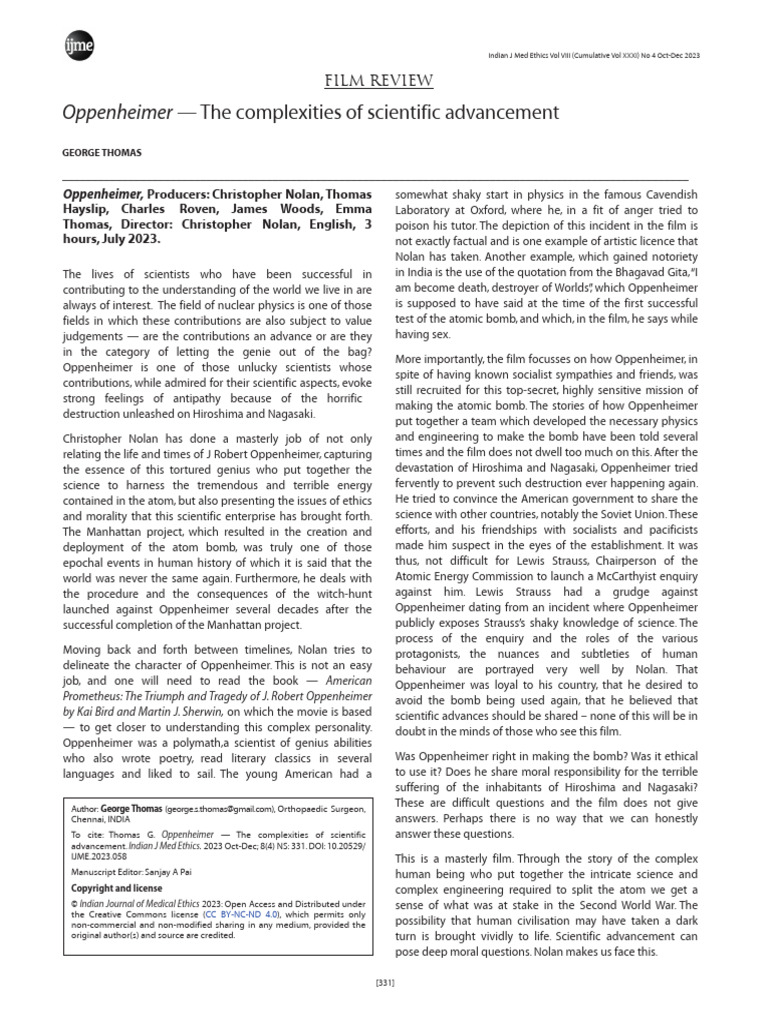 Oppenheimer: Ethics of Scientific Progress | PDF