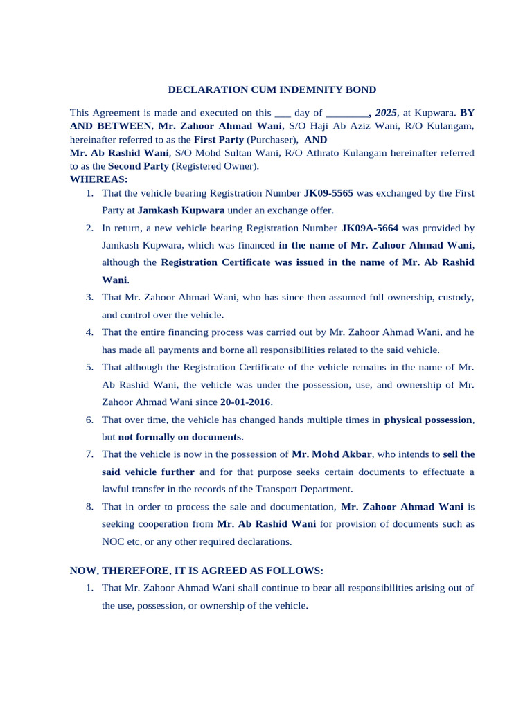 Vehicle Ownership Declaration Agreement | PDF | Private Law | Common Law