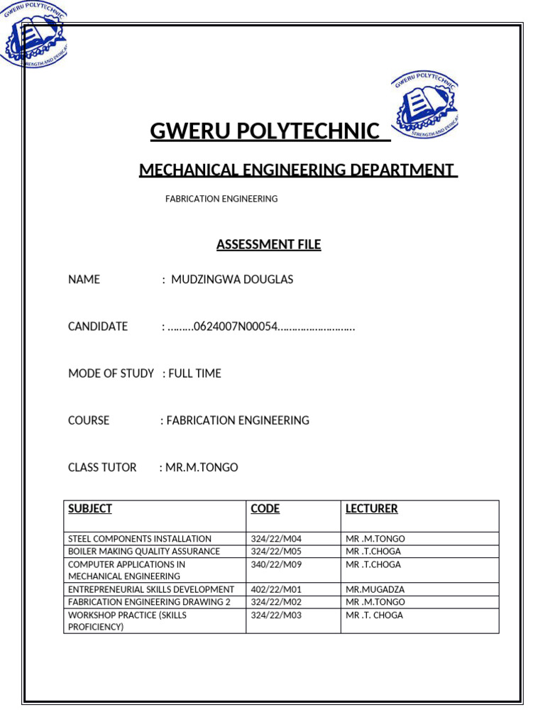 Gweru Polytechnic Fabrication Engineering Assessment | PDF