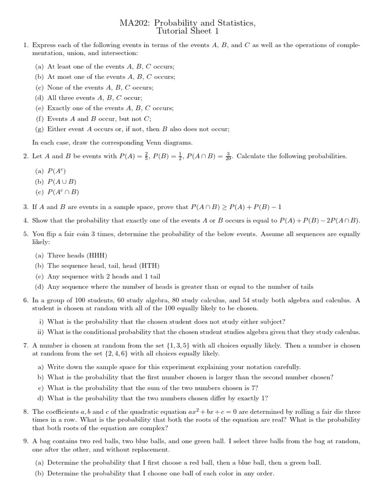 Probability and Statistics Tutorial Exercises | PDF | Mathematics ...