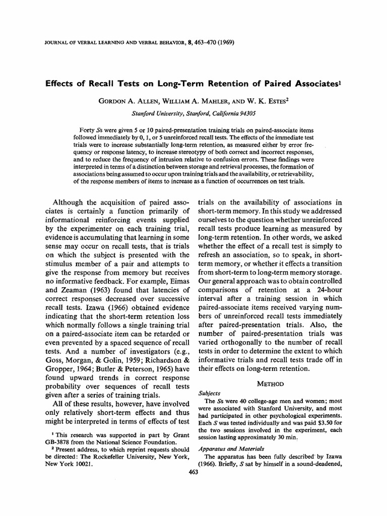 Recall Tests and Long-Term Retention | PDF | Recall (Memory) | Errors ...