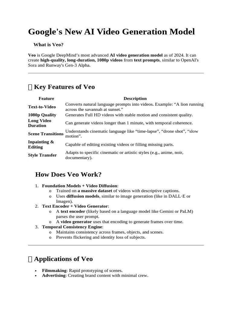 Google Veo: AI Video Generation 2024 | PDF | Video | Artificial ...