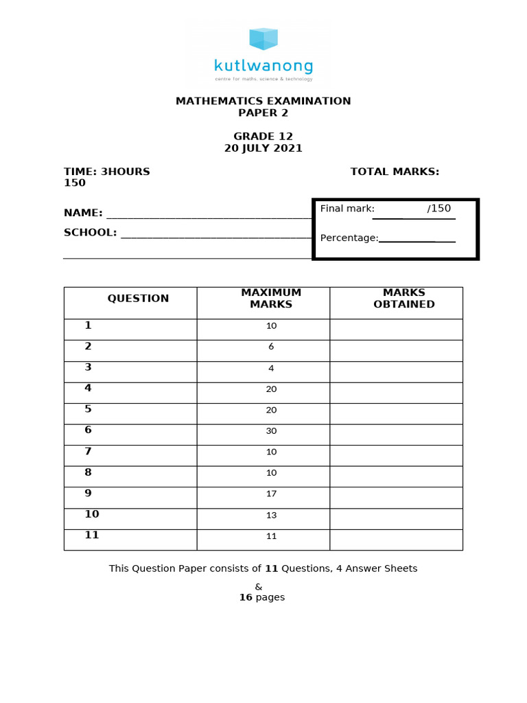 Grade 12 Mathematics Exam Paper 2 | PDF | Circle | Geometry