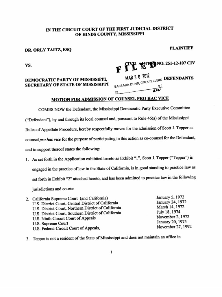 20120330 MS TEPPER Pro Hac Vice Motion and Verified Application