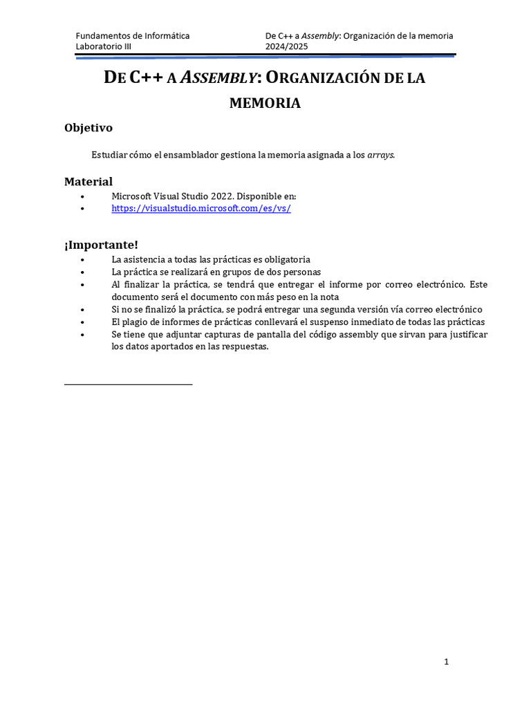 C++ a Assembly: Gestión de Memoria | PDF | Lenguaje ensamblador | C