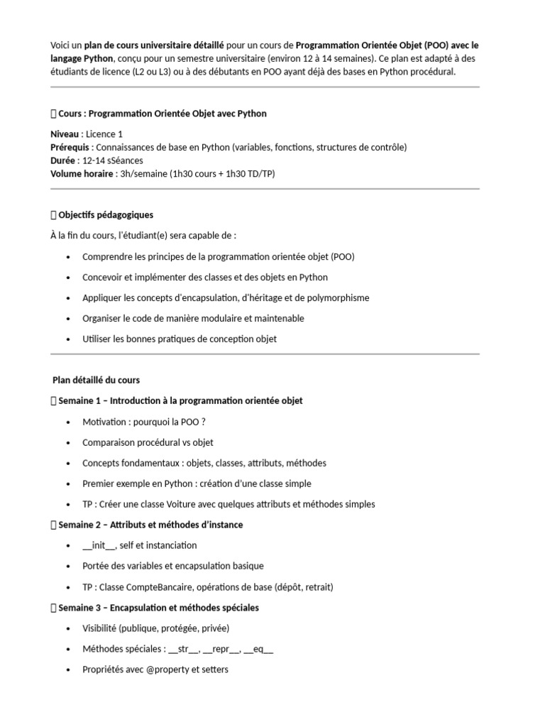 Cours de POO avec Python : Plan détaillé | PDF | Classe (informatique ...