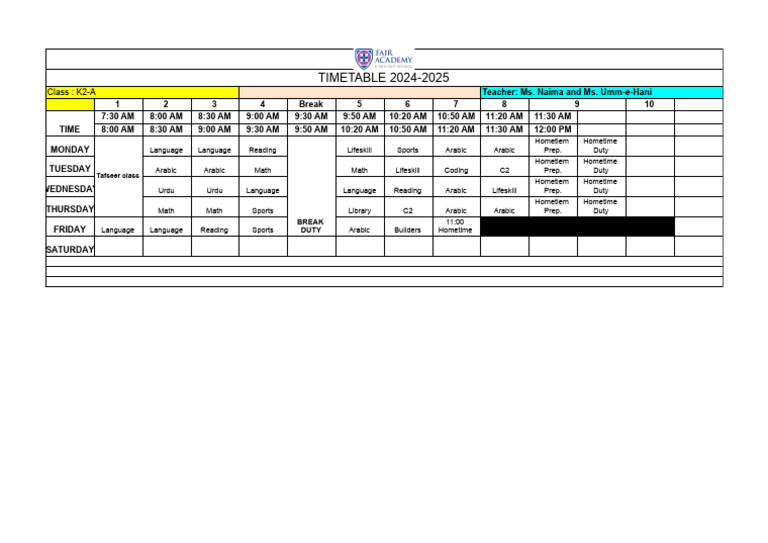 K2-A Timetable 2024-2025 | PDF