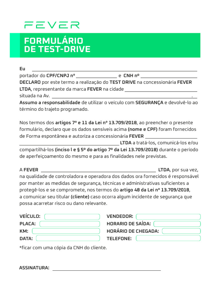 Formulário de Test Drive na Concessionária | PDF
