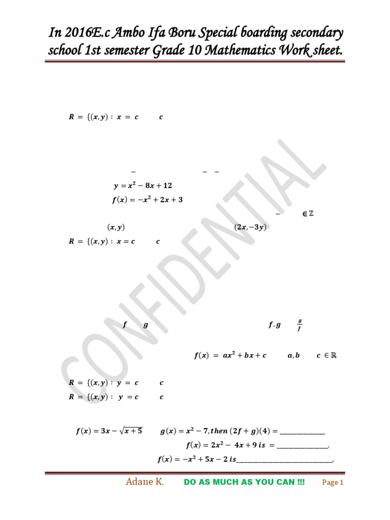 Grade 10 Math Worksheet: Functions & Relations | PDF | Function ...