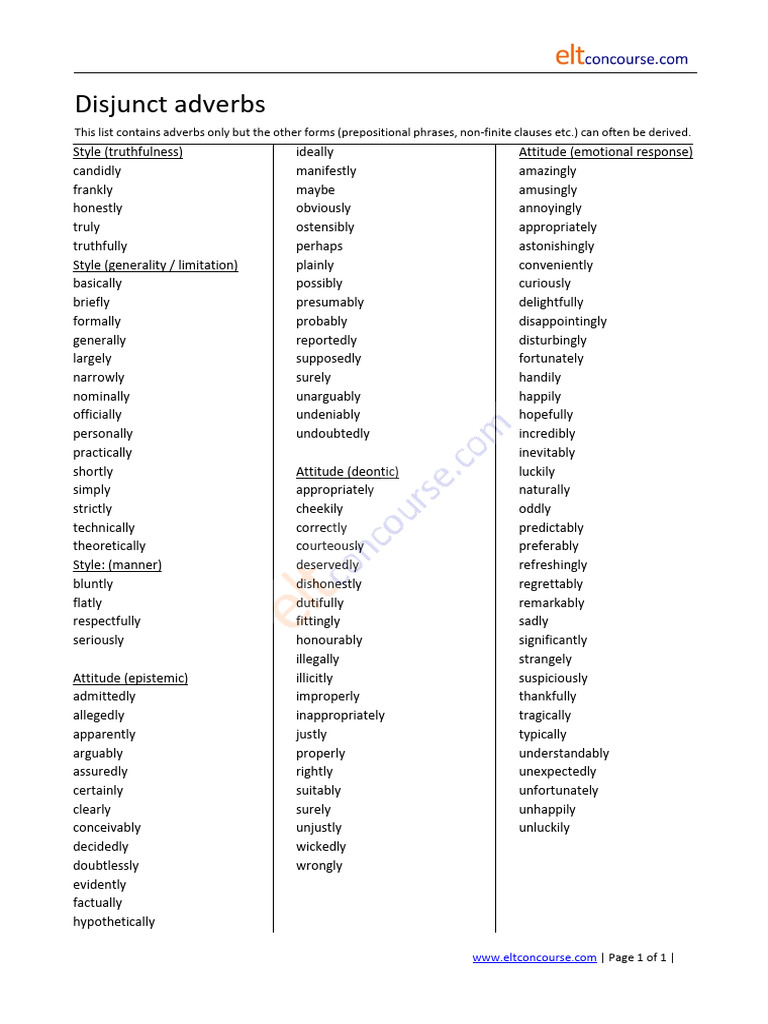 Disjunct Adverbs List and Usage | PDF | Syntax | Semantic Units