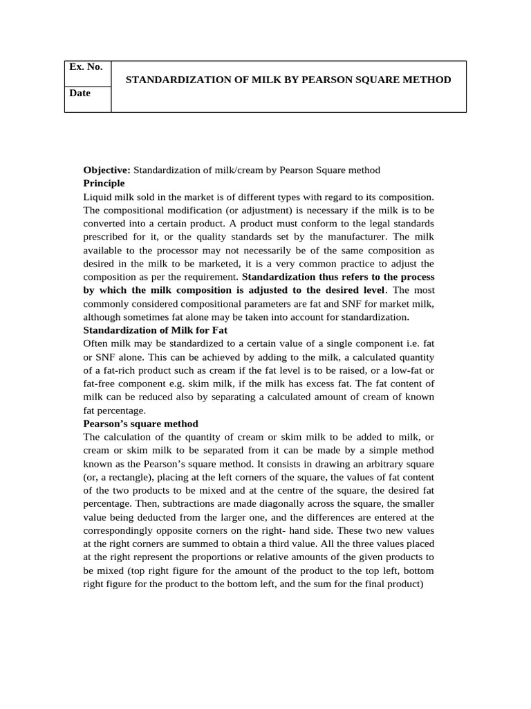 Milk Standardization via Pearson Square Method | PDF