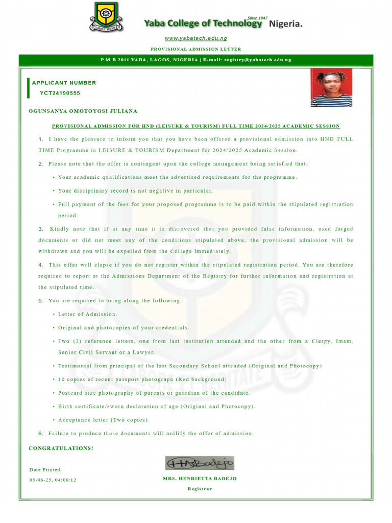 Yabatech Admission Letter For Ogunsanya | PDF
