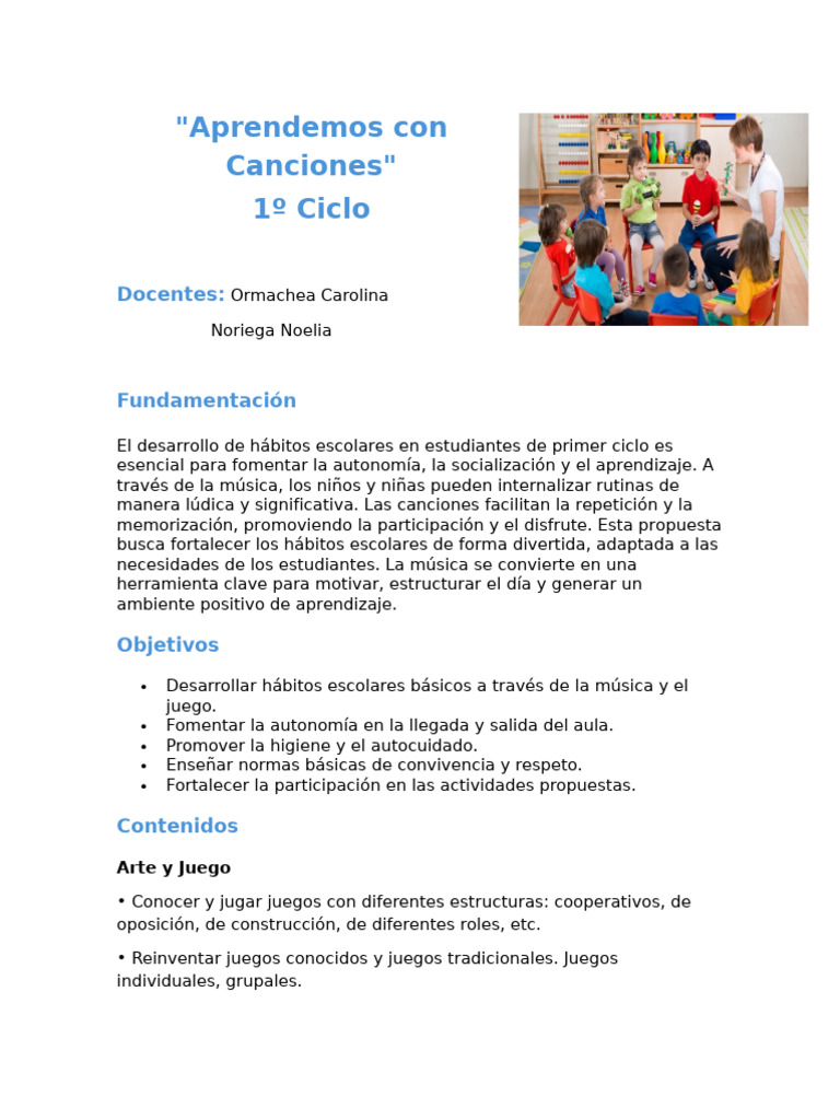 Proyecto Aprendemos Con Canciones | PDF | Enseñando | Aprendizaje