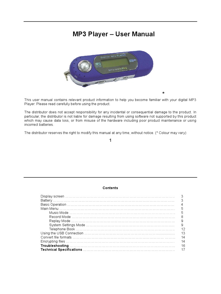 Digital MP3 Player User Manual Personal Computers Usb