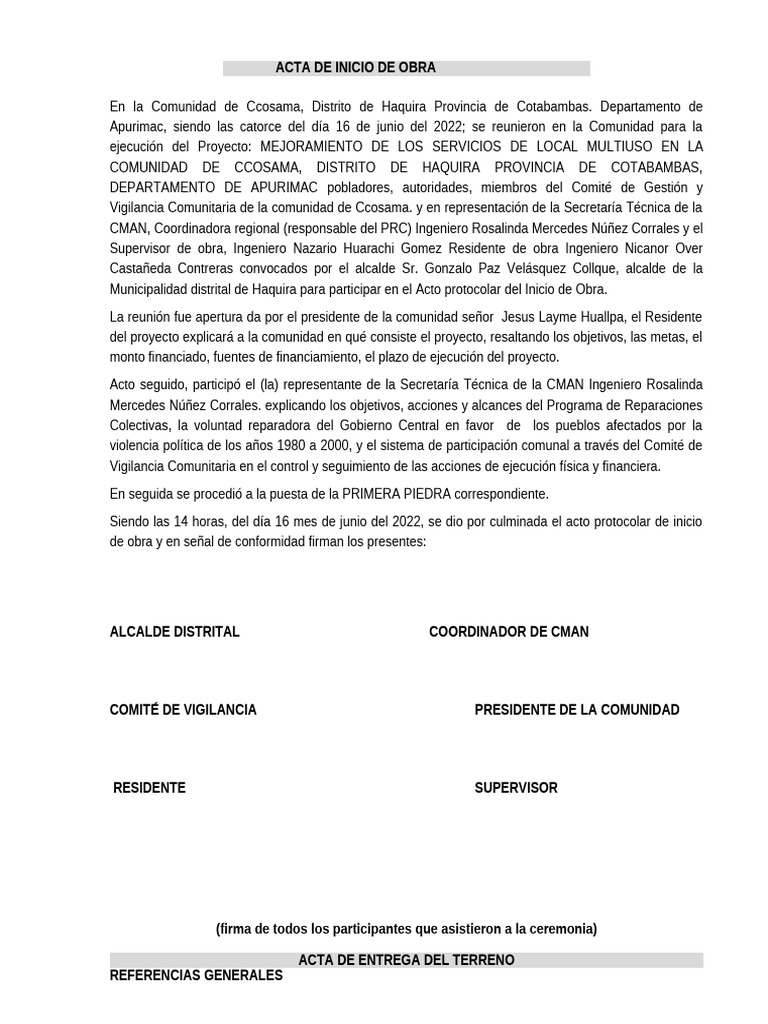 Inicio de Obra en Ccosama, Apurímac | PDF | Gobierno