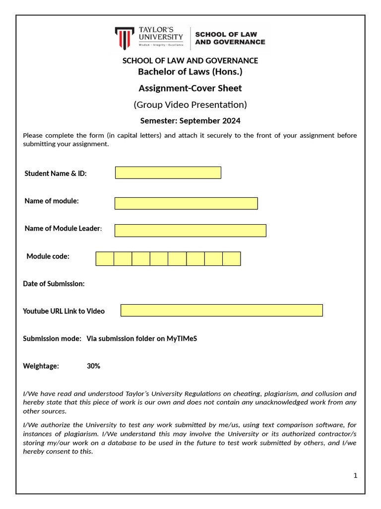 Law Assignment Cover Sheet Template | PDF | Evaluation | Nonverbal ...