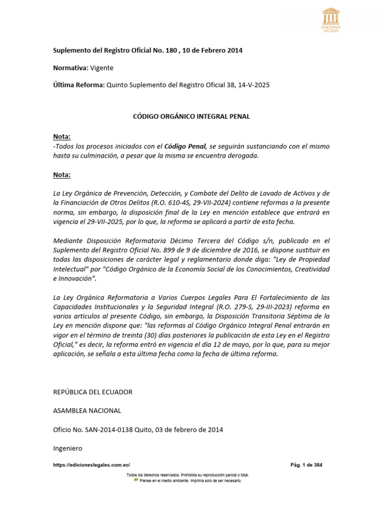 Actualización del COIP Ecuador 2025 | PDF | Derecho penal | Ley procesal