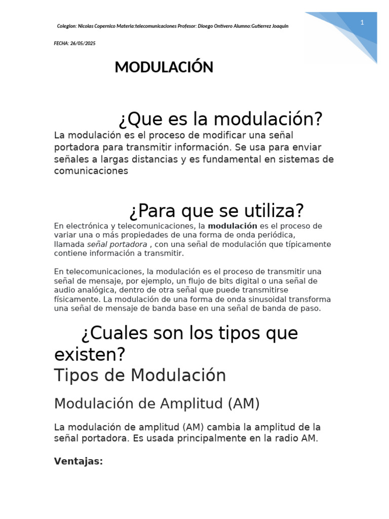 Tipos y Usos de la Modulación en Telecomunicaciones | PDF | Modulación ...