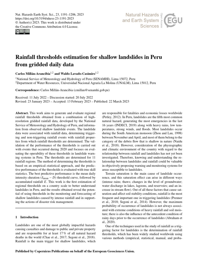 Rainfall Thresholds Estimation For Shallow Landslides in Peru From ...