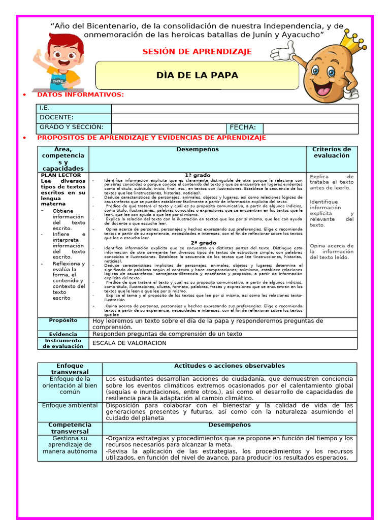 U3 s3 Sesion d4 Plan Lector Dia de La Papa Maestras de Primaria Del ...