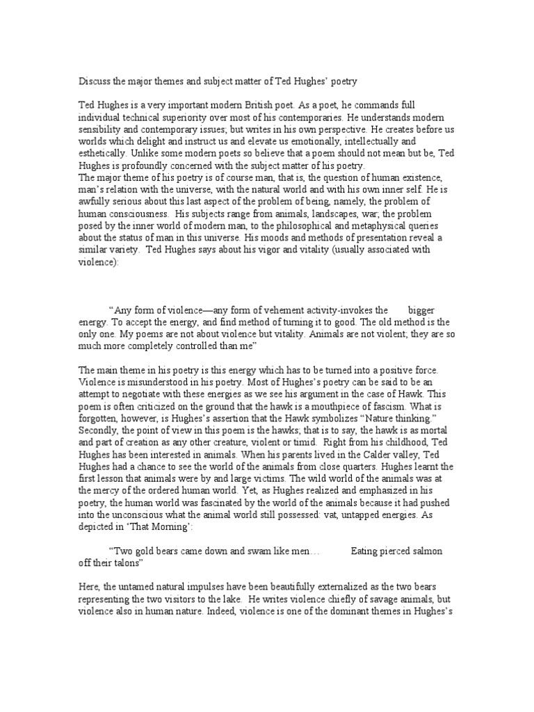 Discuss the Major Themes and Subject Matter of Ted Hughes Poetry