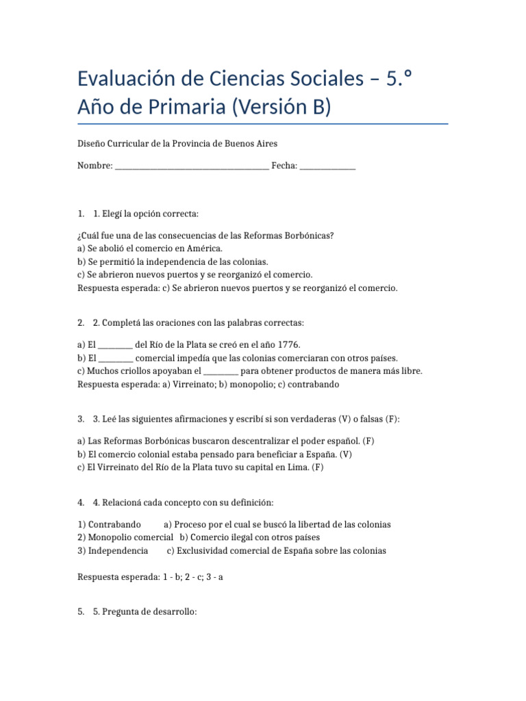 Evaluación Ciencias Sociales 5.º Primaria | PDF