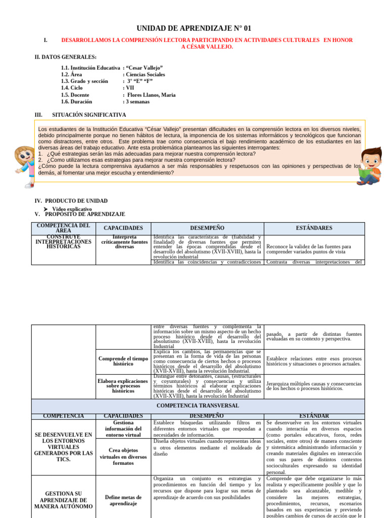 Unidad de Aprendizaje Uno | PDF | Aprendizaje | Comprensión lectora