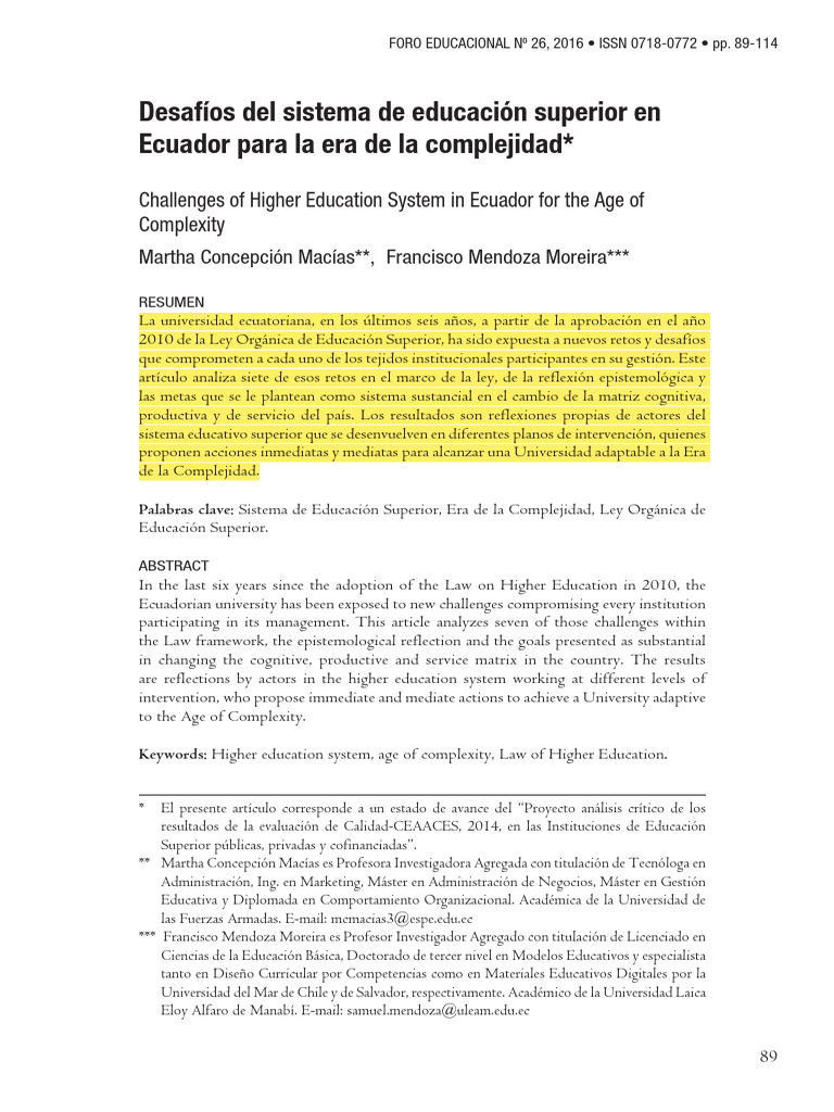 Desafíos Del Sistema de Educación Superior en Ecuador para La Era de La ...