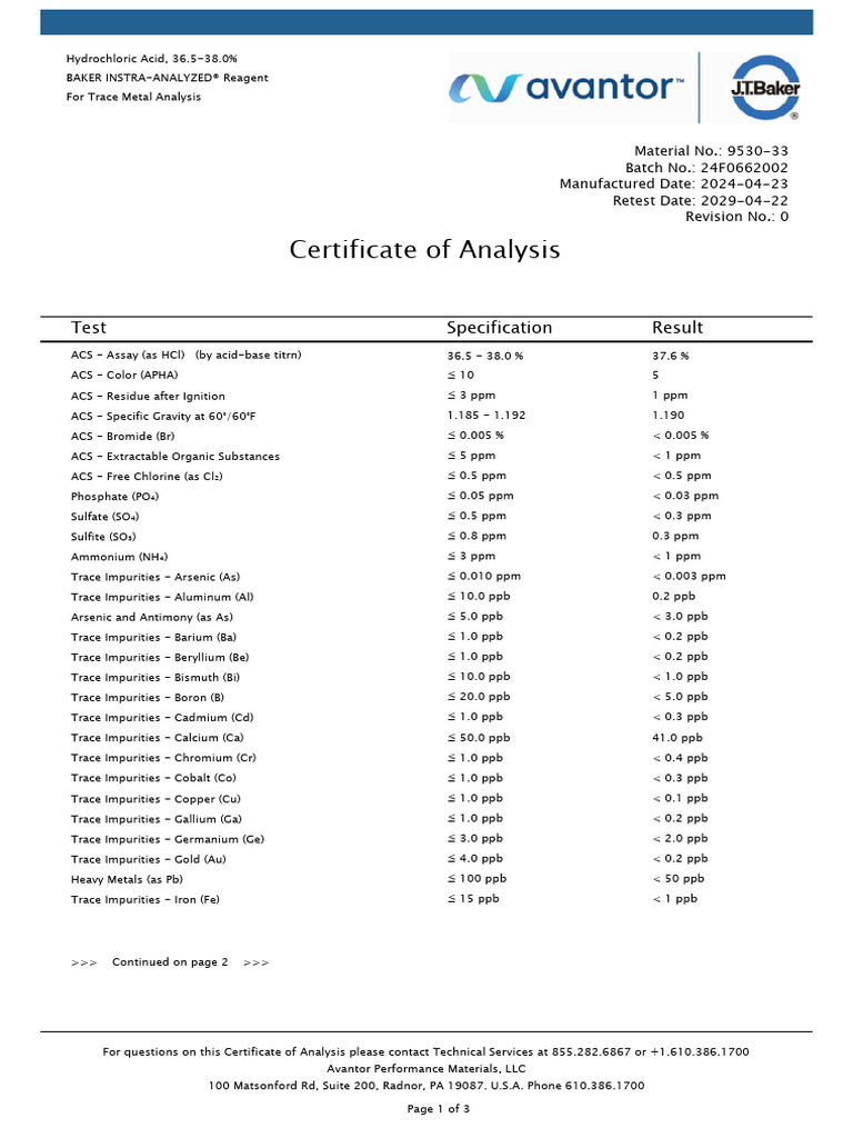 Certificado de HCL 24f0662002 | PDF | Hydrochloric Acid | Sets Of ...