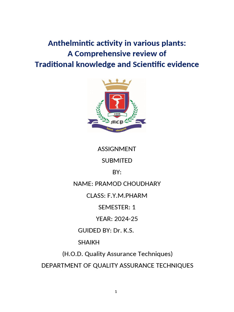 Anthelmintic Activity of Medicinal Plants | PDF | Emulsion | Solubility