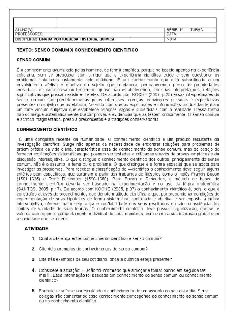 Senso Comum e Conhecimento Científico | PDF | Conhecimento | Experimento