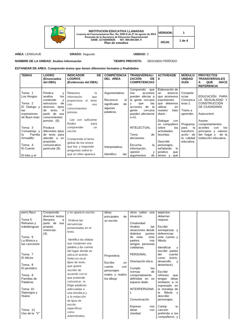 Plan de Estudios Lenguaje Segundo Grado | PDF