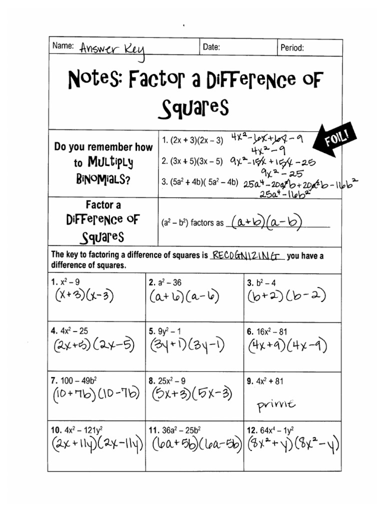 7.4.2 Ans KeyFactor A Difference of Squares Packet | PDF