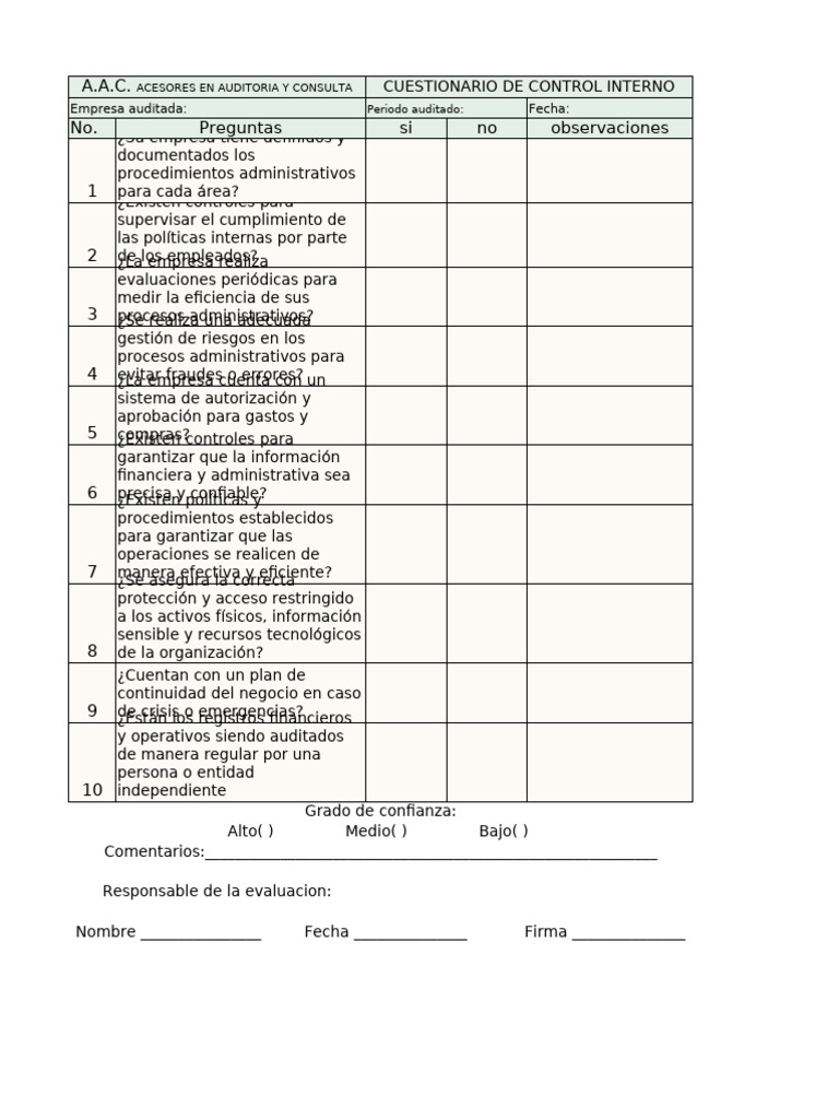 Cuestionario de Control Interno y Financiero | PDF | Bancos | Business